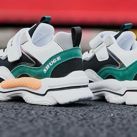 NEW-SHUGE White Black Green Leather Strap Slip On Sneakers Shoes- Youth 3.5Y - Picture 7 of 8